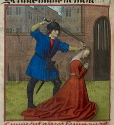 Miniatura de Virginius decapitando a su hija Virginia de "Le Roman de la Rose".