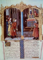 Milagro de San Luis (1214-1270): un guerrero cojo con muletas. Miniatura en Vida y milagros de San Luis