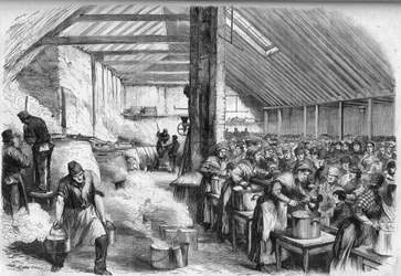 Miseria en Londres: Distribución pública de alimentos para los pobres en Londres en Spitalfields.