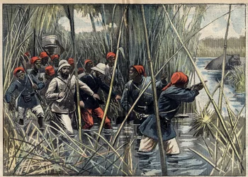 Misión Marchand (1896-1899) a Fachoda (Sudán): el capitán francés Baratier (1864-1917) y sus tropas avanzan por el pantano hacia Fachoda. (Según el cuaderno de bitácora del capitán Baratier). Ilustración en «Le Pèlerin» del 6 de noviembre
