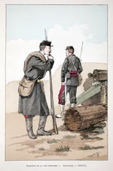 Guardianes de la paz movilizados (1870-1871). Aguafuerte en colores, para ilustración “Historia del cuerpo de los guardianes de la paz” libro publicado bajo los auspicios de Louis Lepine (1846-1933) prefecto de policía de la Sena, por Alfred Rey y Louis Fe