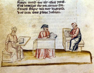 Monjes estudiando en un monasterio, manuscrito en miniatura