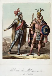Montezuma II, rey azteca, y Hernán (o Hernando) Cortés o Fernand Cortez (1485-1547), conquistador español - en “El traje antiguo y moderno” de Ferrario, ed. Milán