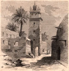 Mezquita en el viejo Biskra (Biskra) en Argelia en 1866