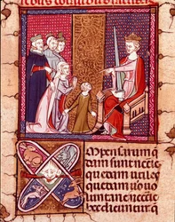 Madre e hijo ante un rey, representante de la Justicia. Miniatura tomada de “Justiniani in Fortiatum” Siglo XIV Biblioteca Real del Monasterio de El Escorial, España