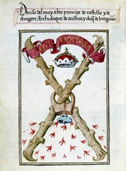 Lema de los Duques de Borgoña. Página de manuscrito tomada de la "Colección de devoción de la Reina Juana la Loca (1479-1555) de España" por Pedro Marcuello ("Devocionario de la Reina Da Juana a Quien Llamaron la Loca") siglo XV Chantilly, Museo Conde