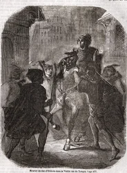 Asesinato de Luis I de Valois, duque de Orléans (1372-1407), en la antigua Rue du Temple por Jean sans Peur - en «Histoire de France» de L.-P. Anquetil