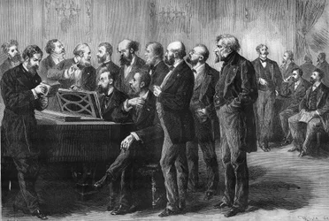 Competencia musical de la ciudad de París en 1878. El jurado en el Palais du Luxembourg examinando las partituras de “Paraíso perdido” y “Mug”. De izquierda a derecha: Colonne, Perrin, Cherouvrier, Gounod, Boulanger, Camille Saint-Saëns, Lenepveu, Vaucorbe