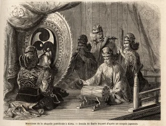 Músicos de la capilla pontificia en Kioto, tocando cinco instrumentos sagrados, flauta traversa y flauta de pan, caracola marina, timbales y kakdaiko, el gong original. Grabado para ilustrar el viaje a Japón en 1863-1864, por Aime Humbert, ministro de la C