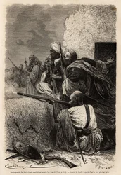 Montañeses musulmanes reasentados en las montañas de Svat, luchando contra una expedición inglesa en 1863 para detener el saqueo de aldeas en la región. Grabado para ilustrar la historia de Pandjab y Cachemira, por Guillaume Lejean en 1866, publicado en “L