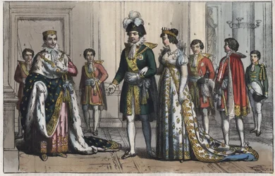 Napoleón Bonaparte (1769-1821), como Rey de Italia - Virrey - esposa del virrey - Mayordomo - Lord Chambelán - Paje - escudero - maestro de ceremonias - grabado de 