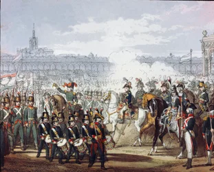 Napoleón Bonaparte (1769-1821) revisa la legión lombarda y cispadana de la milicia el 09/07/1797. Grabado en acuarela. Milán, Museo del Risorgimento