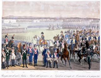Napoleón Bonaparte revisó la milicia italiana y polaca en Montechiaro en 1805. Grabado de 1845