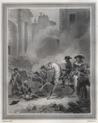 Napoleón aplastando la rebelión realista - Napoleón Bonaparte (a caballo) comandando tropas revolucionarias en combates callejeros el 13 Vendémiaire (5 de octubre) - 13 Vendémiaire 1795 (Insurrección realista del 5 de octubre de 1795): Bonaparte restableci