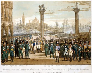 Napoleón I en Venecia el 29 de noviembre de 1807 frente a la marina italiana (grabado de 1845)