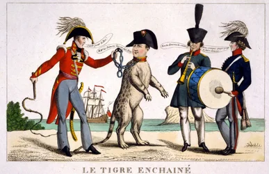 Napoleón I en un tigre encadenado sostenido por un oficial británico con un látigo. Rusia y Austria tocando música al lado. Caricatura de 1815