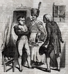 Napoleón I en presencia de Jean Nicolas Corvisart (1755-1821) doctor. Grabado inglés en "La Santé Universelle - Guide Medical des Families" 1852
