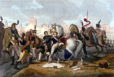 Napoleón I herido frente a Ratisbona el 23 de abril de 1809. Grabado del siglo XIX