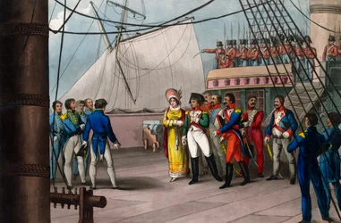 Napoleón confía en la fe británica - Napoleón Bonaparte a bordo del Bellerophon, el barco británico que lo llevó al exilio en Santa Elena el 15 de julio de 1815