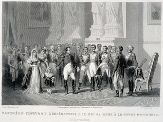 Napoleón confía a la emperatriz y a su hijo, el rey de Roma, a la Guardia Nacional (23 de enero de 1814) - en «Fastes de Gardes nationales de France»
