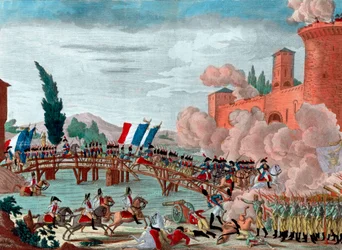 Napoleón liderando su ejército a través del puente en Lodi - Napoleón durante la batalla y el paso del puente de Lodi en 1796 - Paso del puente de Lodi en Italia por el Ejército Republicano-Francés Comisionado por el General en Jefe Napoleón Bonaparte