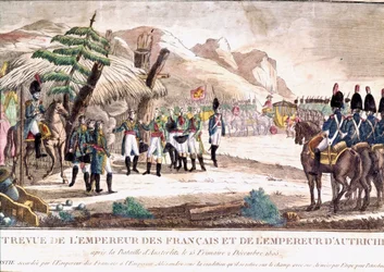 Guerra Napoleónica: Napoleón I se encuentra con el emperador Francisco II después de la batalla de Austerlitz el 2/12/1805. Grabado del siglo XIX