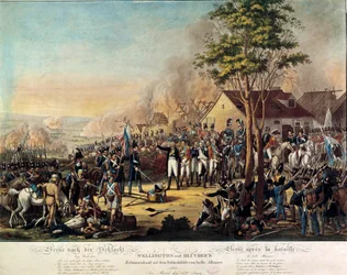 Guerras Napoleónicas: Batalla de la Belle Alliance o Waterloo ganada el 18/06/1815 por las fuerzas armadas bajo las órdenes de Arthur Wellesley, Duque de Wellington (1769-1852) y el Príncipe Blucher