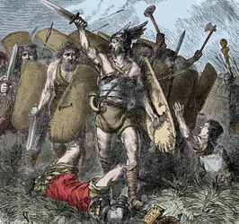 Narsés vence a los ostrogodos - Invasiones de los bárbaros: Narsés (478-573) general bizantino, eunuco del emperador Justiniano I, victorioso contra los ostrogodos en la Batalla de Taginae, Italia, en el año 552. Grabado coloreado del siglo XIX