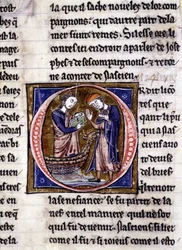Nascion recibe el libro (?). Manuscrito: Conquista del Santo Grial, escrito 717 años después de la pasión de nuestro señor. Biblioteca municipal de Rennes, ms. 255 (Colección de novelas de la Mesa Redonda); París
