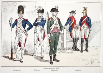Guardia Nacional, en 1789, de izquierda a derecha: el granadero, el veterano, el cazador y los jinetes. Aguafuerte en color para ilustrar el libro «Historia del cuerpo de guardianes de la paz», publicado bajo los auspicios de Louis Lépine (1846-1933), pre