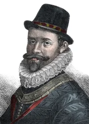 Administración Naval y Comandante Sir John Hawkins (1532-1595) - Retrato de Sir John Hawkins (Hawkyns) (1532-1595), almirante inglés, constructor de barcos, navegante y comerciante de esclavos. Grabado del siglo XIX