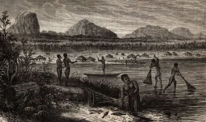 Cerca de las cataratas del Rovuma (Mozambique), las actividades de pesca. Grabado para ilustrar los primeros viajes del Dr. Livingstone al sur de África de 1840 a 1856, en “Le tour du monde, nouveau journal des voyages” publicado bajo la dirección de Edoua