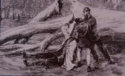 Ned Kelly capturado por el policía Kelly y el ferroviario Jesse Dowsett, 28 de junio de 1880 (grabado)