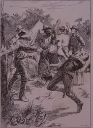 Ned Kelly mata al policía Lonigan en Stringybark Creek en 1878 (grabado)