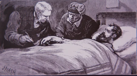 Ned Kelly yace herido en el hospital de la prisión en Melbourne después de ser capturado por la policía el 28 de junio de 1880