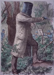 Ned Kelly, con su característica armadura, en la confrontación final con la policía, 28 de junio de 1880 (grabado coloreado)