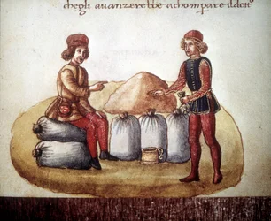 Negociación de los precios del grano. Manuscrito del siglo XV. Biblioteca Nacional de Florencia