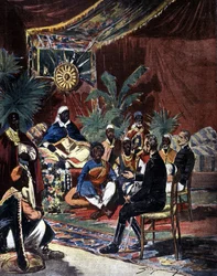 Negociaciones de paz con Etiopía tras la derrota italiana en Adoua en 1896. El mayor Salsa y el capitán Angherà se reunieron con el rey Menelik II (1844 - 1913) y sus jefes. Ilustración de la prensa de finales del siglo XIX por Silhouette.