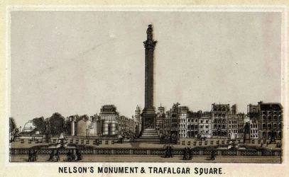Monumento a Nelson y Trafalgar Square, Edimburgo en Escocia, Reino Unido. Cromolitografía de finales del siglo XIX.