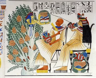 Nephtys, diosa egipcia, surge del árbol místico y ofrece comida al difunto - en “Monumentos de Egipto y Nubia Superior” de Ippolito Rosellini. Siglo XIX.