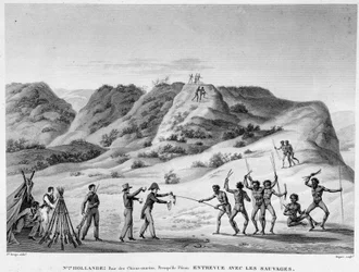 Nueva Holanda, Bahía de Perros Marinos, península de Peron: entrevista con los indios (encuentro entre aborígenes y colonos) - grabado, principios del siglo XIX