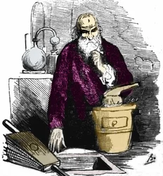 Nicolas Flamel (1330 - 1418) en su laboratorio.