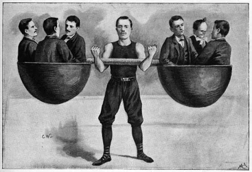 Nino joven italiana de 24 años en el circo de invierno llevando a seis hombres en su brazo. De una foto de 1898.
