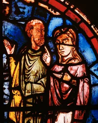 Noé y su esposa suben al Arca (vidriera)