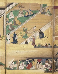 Obra Noh: Funa Benkei (tinta, colores y oro sobre papel, pantalla de seis paneles)