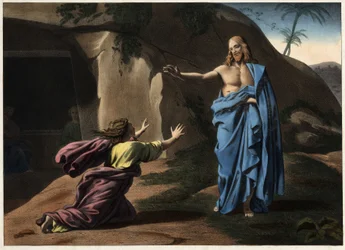 Noli me tangere: la aparición de Cristo a Santa Magdalena. Grabado anónimo del siglo XIX