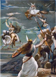 Mitología nórdica: las valquirias (doncellas guerreras) en Valholl (o Walhalla, Valhalla, Valhalle: lugar al que son llevados los guerreros valientes) y la caída de los guerreros en batalla. Cromolitografía del siglo XIX
