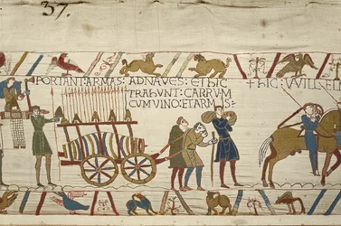 Normandos tirando de un carro cargado de vino y armas, Tapiz de Bayeux