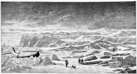 Polo Norte: iglús y barco rompehielos (Ice Breeze), dibujo, primavera de 1873