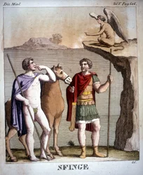 Edipo y la Esfinge - en "Dizionario mitologico", grabado del siglo XIX, Bibl. di Brera, Milán.
